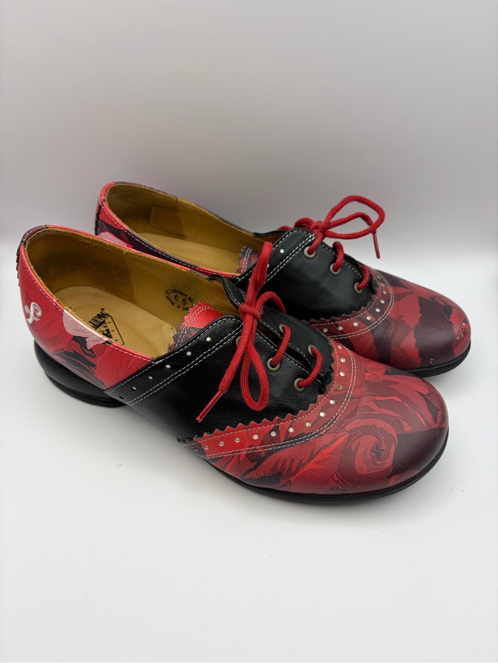 Fluevog Fellowship Erika - red and black floral lace-up oxfords